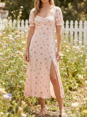 Mixed Threads NWOT Pink Floral Ditsy Puff Sleeve Midi Dress with Leg Slit Sz M